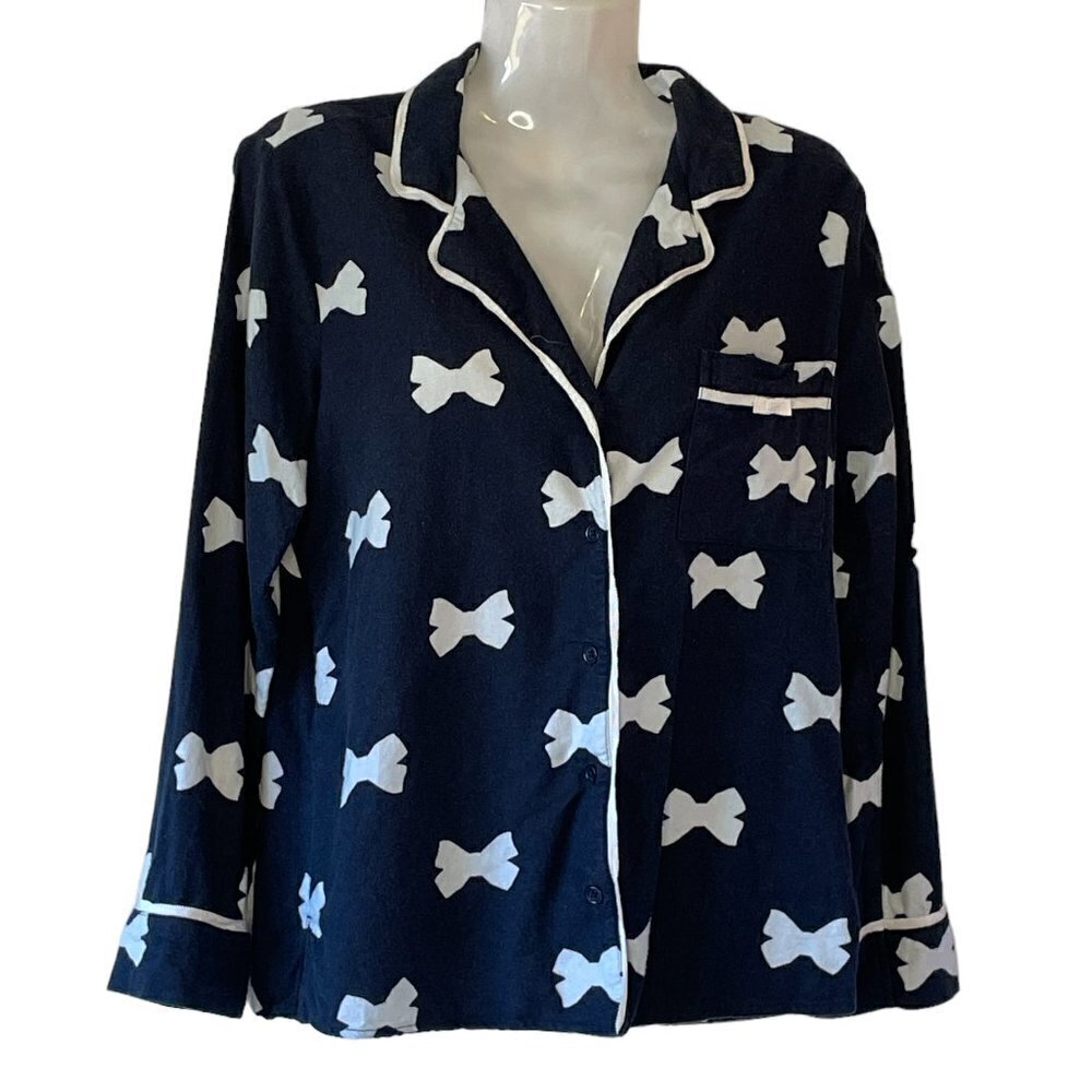 Kate Spade New York Women's Black Flannel Pajama Top with White Bow Print    XS